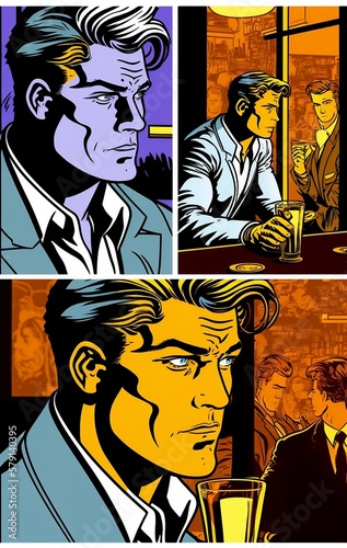 Comic Book Story Style Illustration - Drinking in a Bar - Handsome Man