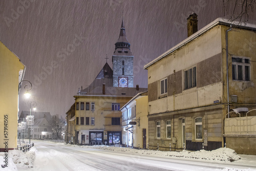 Brasov, Romania - Winter night in the historical old town of Brasov, Transylvania photo