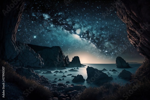 Stargazing by the Sea: A Breathtaking Nighttime View. Generative AI
