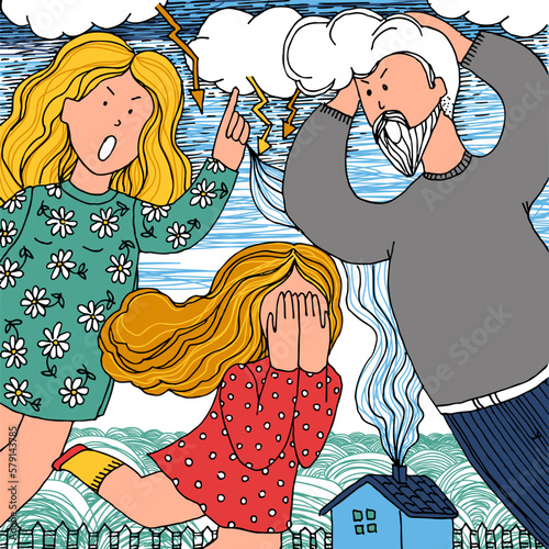 Conflict with parents. Father and mother scolding kid. Teenage  ignores his parents. Misunderstood, depression, anxiety, stress. Families problematic relationships. Trouble and fight. Sketch vector 