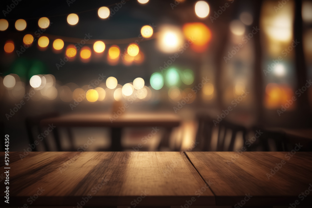 Empty wooden table with bokeh lights in the background, bokeh background, banner, background, wallpaper, packaging