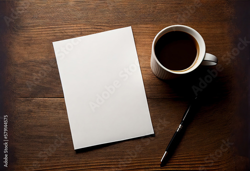 Multiple A4 mockup top view with cup of coffee on wooden table. Generative AI.