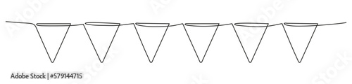 Continuous line art drawing buntings garland. Celebration party hand drawn flags. Vector linear illustration isolated on white. 