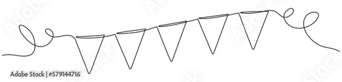 Continuous line art drawing buntings garland. Celebration party hand drawn flags. Vector linear illustration isolated on white. 