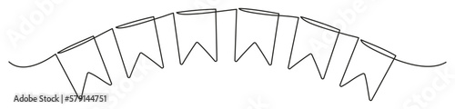 Continuous line art drawing buntings garland. Celebration party hand drawn elements. Vector linear illustration isolated on white. 