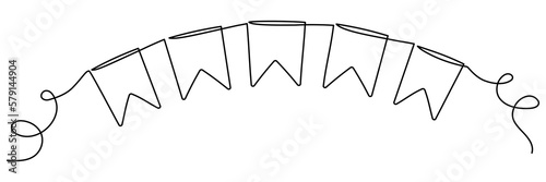 Continuous line art drawing buntings garland. Celebration party hand drawn elements. Vector linear illustration isolated on white. 
