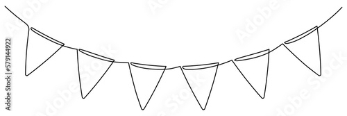 Continuous line art drawing buntings garland. Celebration party hand drawn flags. Vector linear illustration isolated on white. 