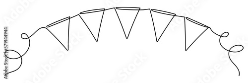 Continuous line art drawing buntings garland. Celebration party hand drawn flags. Vector linear illustration isolated on white. 