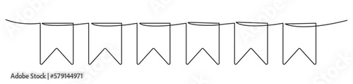 Continuous line art drawing buntings garland. Celebration party hand drawn elements. Vector linear illustration isolated on white. 