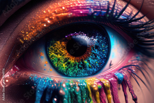 Woman eye with rainbow pupil and bright colored makeup. Created with Generative AI