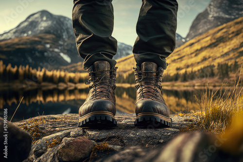 Hiking boots in mountain landscape. Close up of tourist standing on the ground in trekking boots. Adventures and discoveries in nature, active recreation. Created with Generative AI © Lazy_Bear