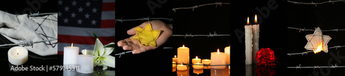 Collage of burning candles with flowers  USA flag  Jewish badges and bearded wires on dark background