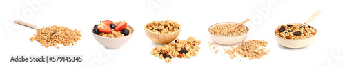 Set of crunchy sweet granola with dried fruits, nuts and fresh berries on white background