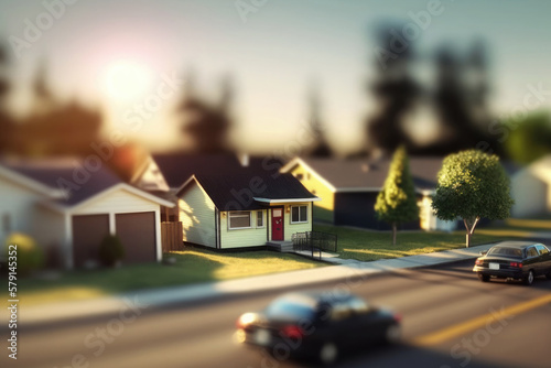 American residential neighborhood, aerial view. Suburban with living houses for upper middle class family at summer day, tilt shift effect. Created with Generative AI © Lazy_Bear