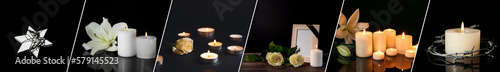 Collage of burning candles with flowers  funeral photo frame and bearded wires on dark background