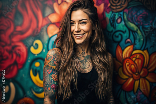 portrait of a tattooed woman on colorful background photo