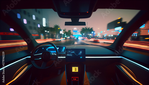 Futuristic autonomus self driving vehicle on city streets at night. Generative ai, AI