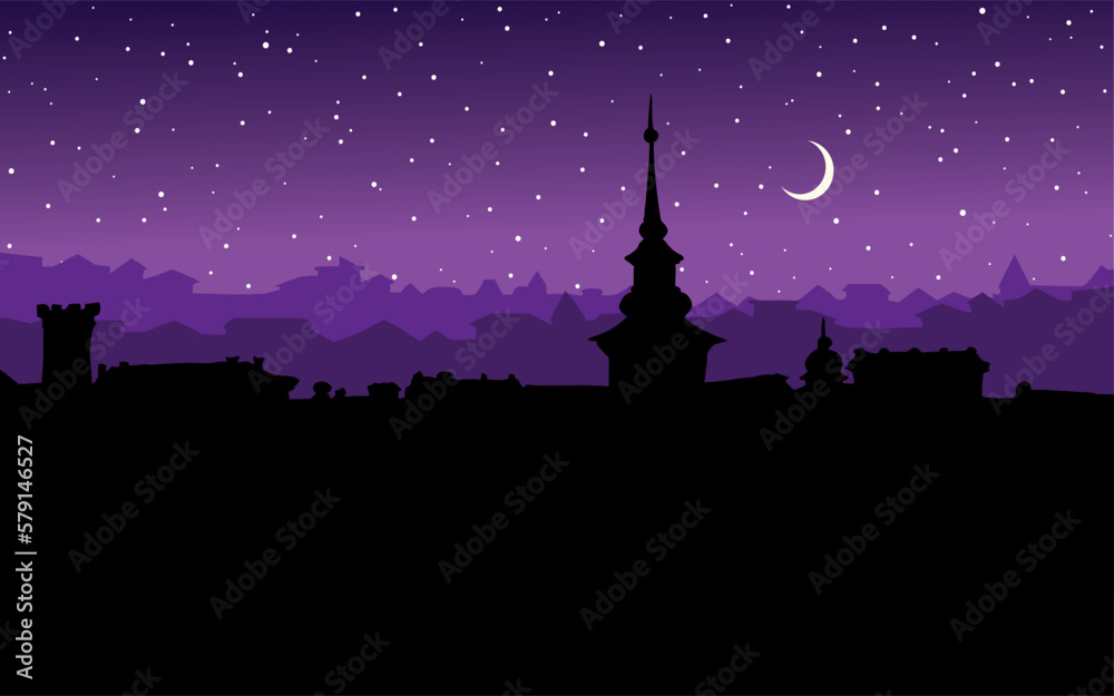 Vector drawing. Medieval cathedral in the center of the city square