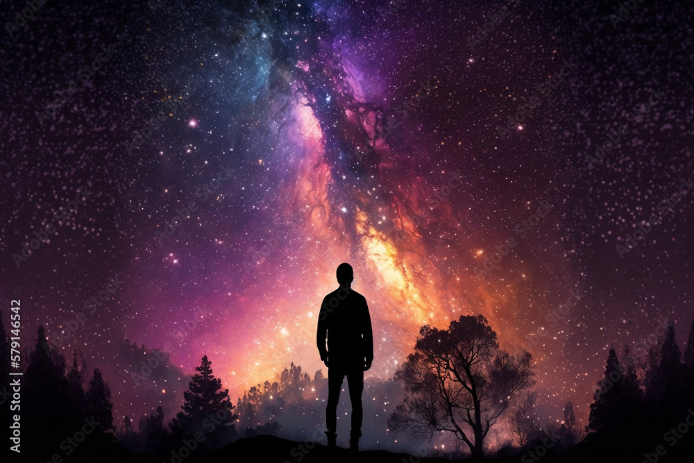 A man standing in front of a galaxy. Generative AI