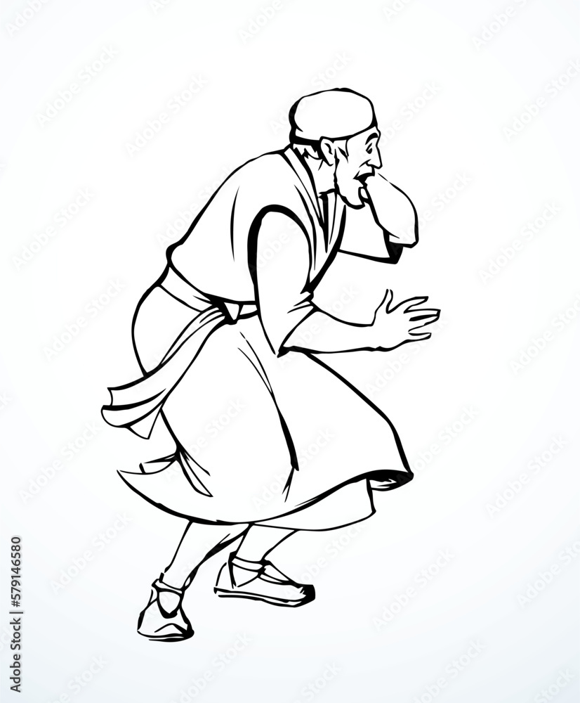 Fototapeta premium Vector drawing. Afraid man in eastern clothes
