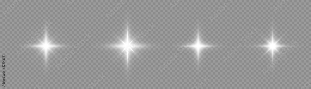 A set of white glowing light on a transparent background, white sun rays, bright stars with rays and highlights. Vector 10 eps A set of white glowing light on a transparent background, white sun rays, bright stars with rays and highlights. Vector 10 eps