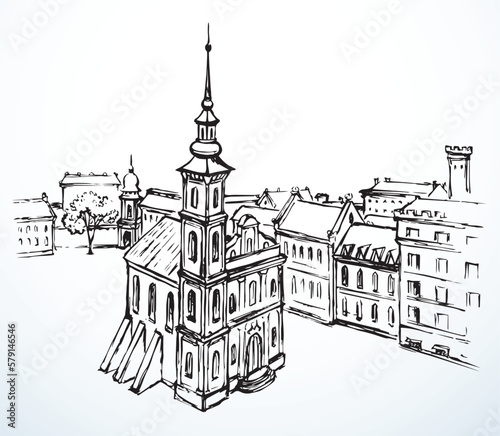Vector drawing. Medieval cathedral in the center of the city square