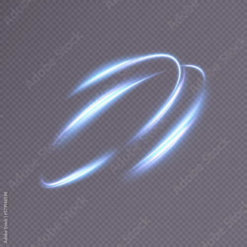 Abstract light swirls. Bright neon circles. A bright trail of glittering beams swirls in a fast motion in a spiral. Vector 10 eps.