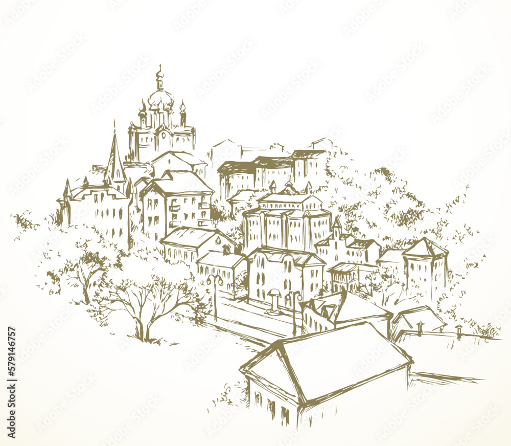 Vector drawing. City landscape with church