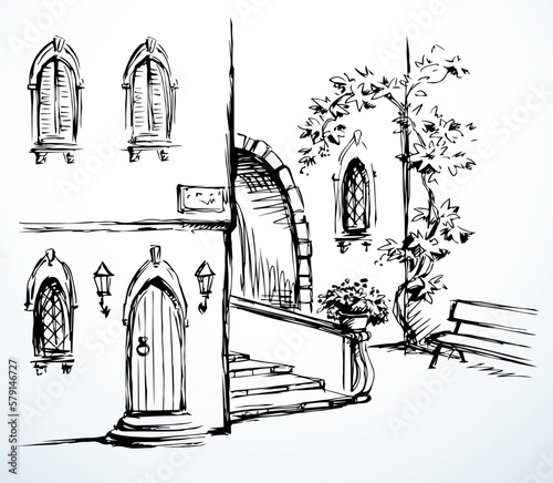 Vector Sketch. A comfortable bench in an old quiet courtyard