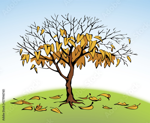 Vector drawing. Withered tree with fallen leaves
