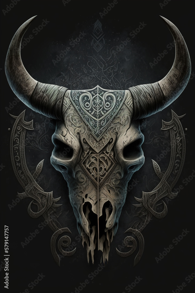 Bull skull cow, Buffalo head with horns and runes. Western deer mammals ...