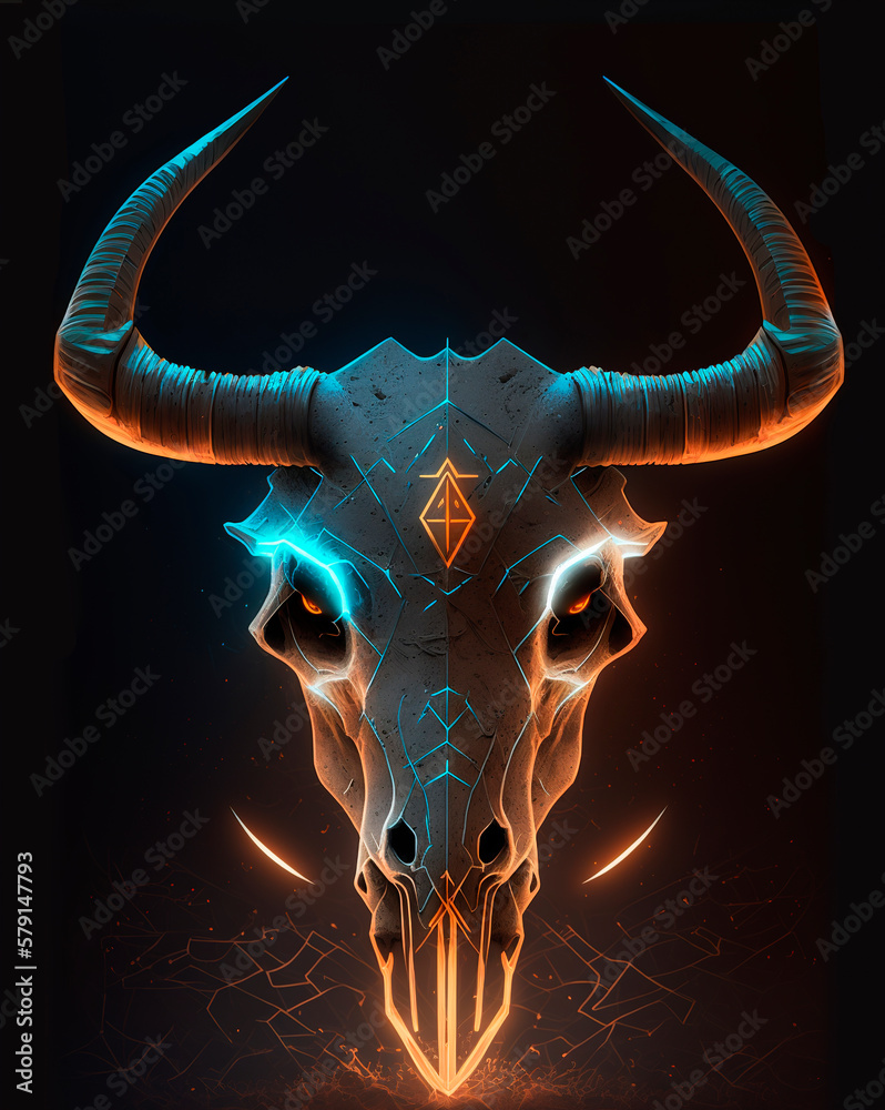 Bull skull cow, Buffalo head with horns and runes. neon glow, Halloween ...