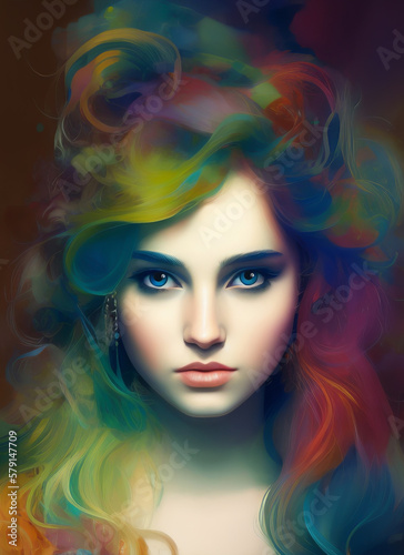 Painting of the face of a beautiful woman with colorful hair, Portrait of a beautiful woman. Generative AI