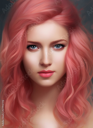 Painting of the face of a beautiful woman with pink hair, Portrait of a beautiful woman. Generative AI