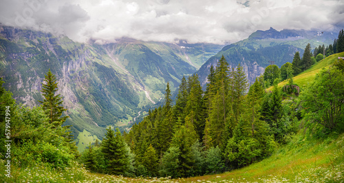 Panoramic view on the Lauterbrunnen valley in the Bernese Oberland region of Swiss Alps in the canton of Bern, Switzerland