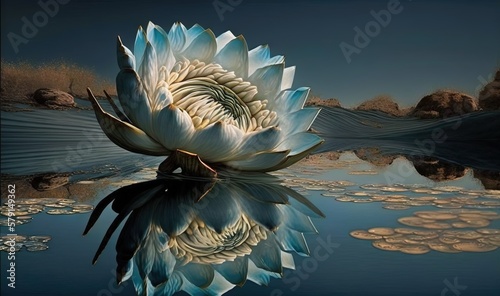  a large white flower sitting on top of a body of water. generative ai