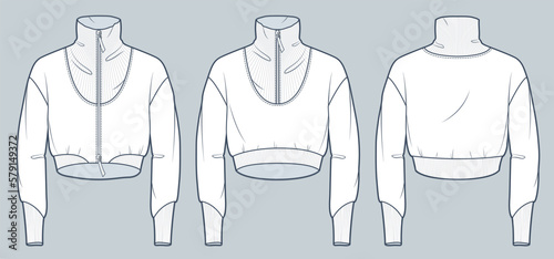 Set of Sweatshirt technical fashion illustration. Crop Sweatshirt fashion technical drawing template, roll neckline, oversize, zip-up, ribbed, front and back view, white, women, men, unisex CAD mockup