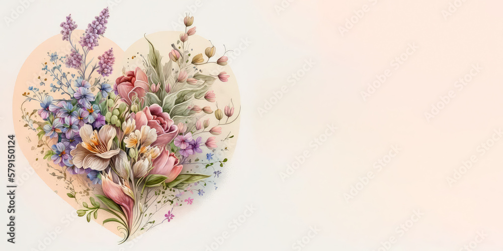 Heart-shaped flower arrangement, Mother’s Day bouquet, Generative AI with copy space