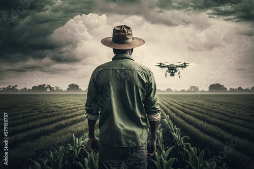 Close up of Caucasian man farmer in hat standing in corn field and controlling of drone which flying above margin. Technologies in farming. Generative AI