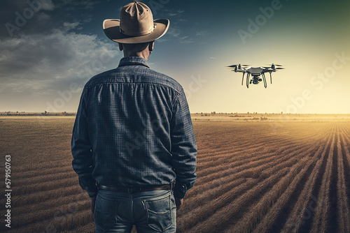 Close up of Caucasian man farmer in hat standing in wheat field and controlling of drone which flying above margin. Technologies in farming. Generative AI
