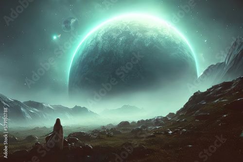 Hooded woman on a distant planet watching a rising moon