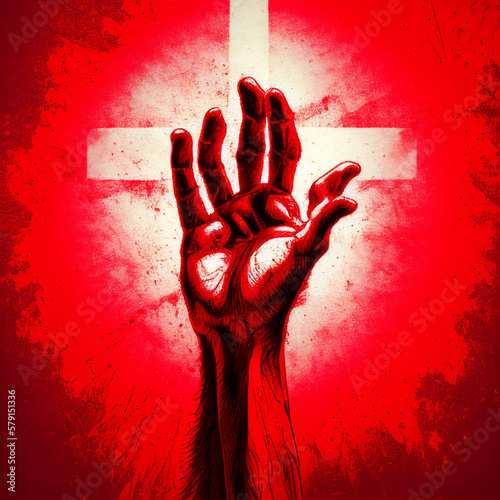 a red hand crucifield, right hand of jesus, Salvation - generative ai 