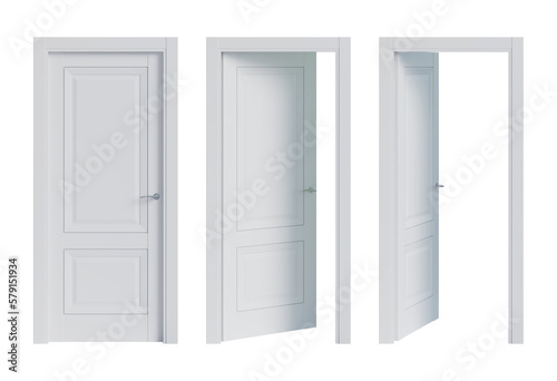 Fototapeta Naklejka Na Ścianę i Meble -  Set of three opening options of isolated white wooden doors. The door closed, the door open 35°, door open 70°. Front view. 3d render