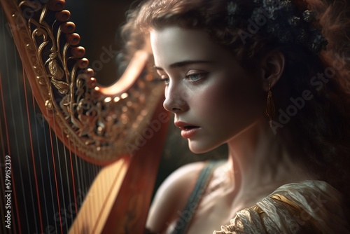 Woman performs a song on a classical harp. Ai generated.