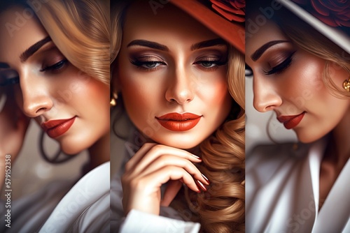 Triptych of the portrait of a beautiful woman, drawn, with different styles. Ai generated.