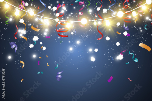 Christmas bright, beautiful lights, design elements. Glowing lights for design of Xmas greeting cards. Garlands, light Christmas decorations.	