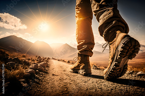 Hiker goes against sky and sun. Hiking concept created