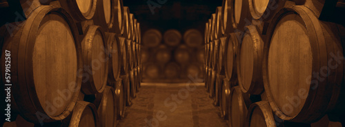 Bild auf Leinwand Wine or cognac barrels in the cellar of the winery, Wooden wine barrels in perspective