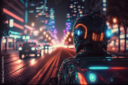 Roboter auf einem Motorrad in der Dunkelheit auf den Straßen einer modernen Stadt