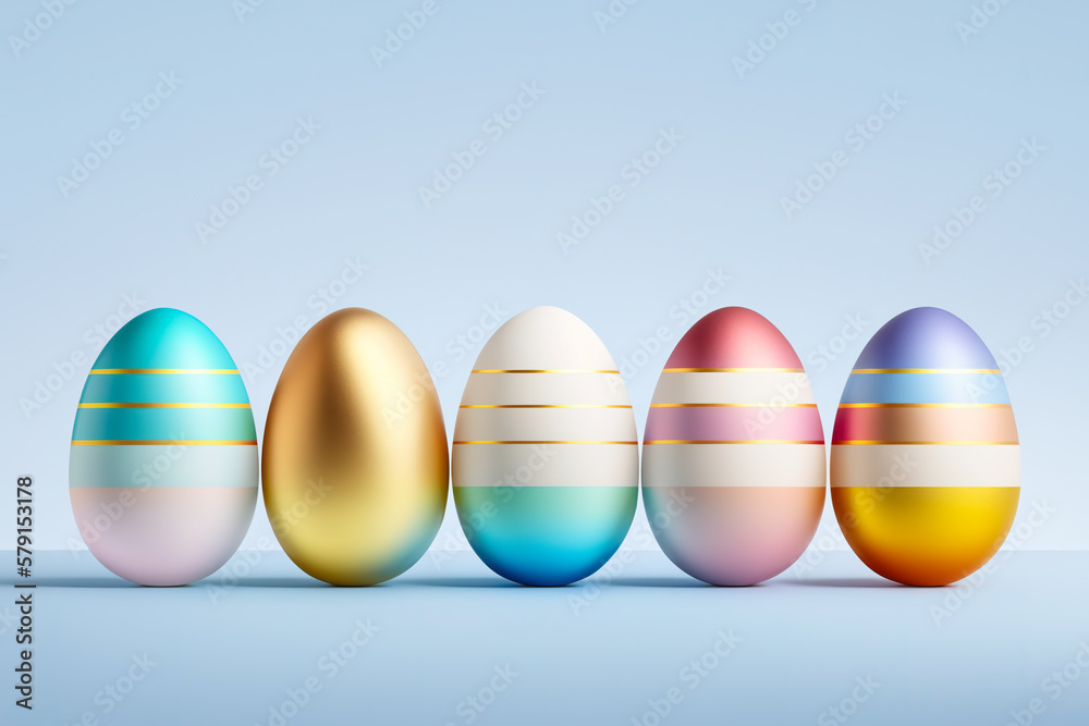 Five striped Easter Eggs on a blue background. A row of richly colored Easter Eggs with gold stripes. Realistic Easter illustration. Generative Ai. Five striped Easter Eggs on a blue background. A row of richly colored Easter Eggs with gold stripes. Realistic Easter illustration. Generative Ai.